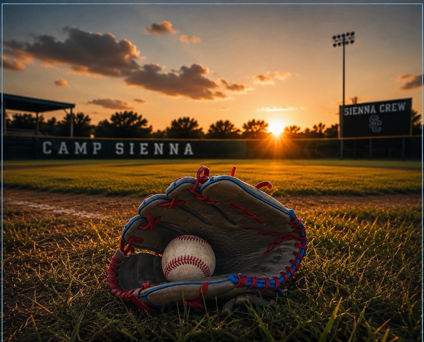 Glove and ball on the field at sunset, Camp Sienna