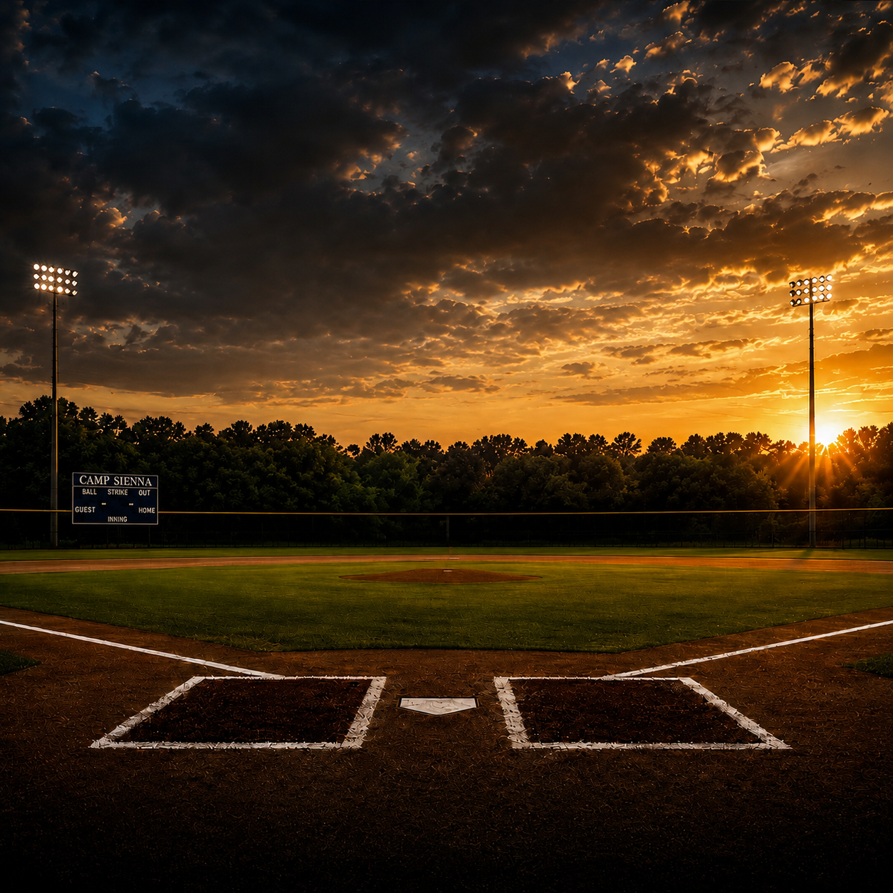 Sunset over the ballfield at Camp Sienna